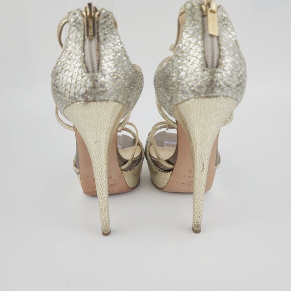 Jimmy Choo Heels Gold Silver Glitter Ankle Strap Platform Sandals Size 37.5 - Picture 6 of 8